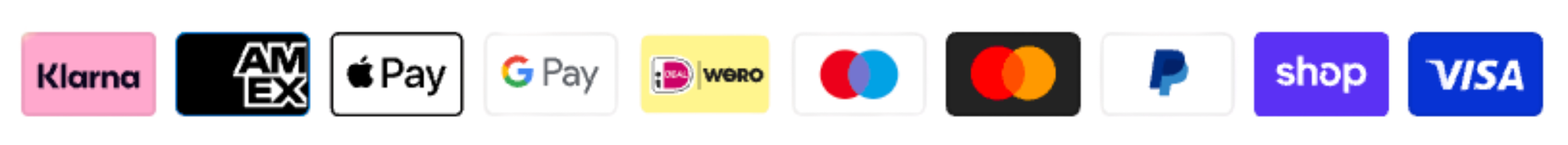 Moyens de paiement acceptés : Klarna, American Express, Apple Pay, Google Pay, Wero, Maestro, Mastercard, PayPal, Shop Pay, Visa